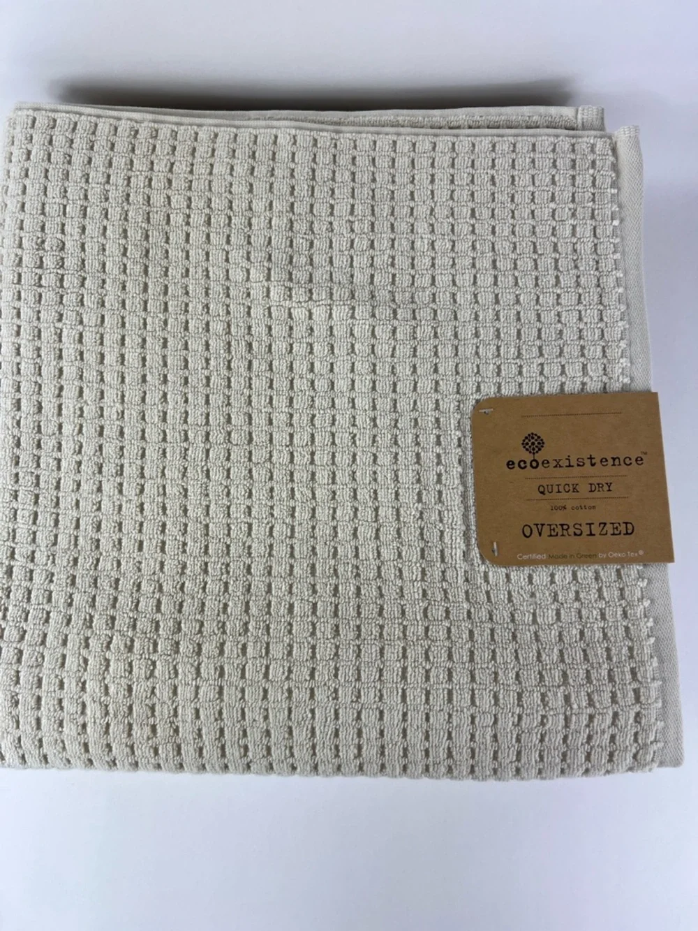Ecoexistence Oversized Bath Towel Set Tan Waffle Cotton Quick Dry Set of 2 NEW